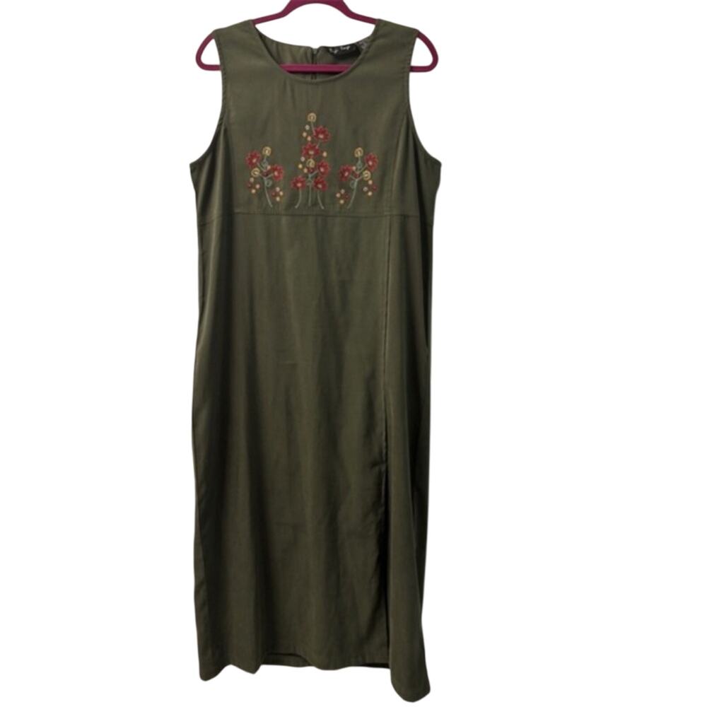 Tip top Vintage Embroider Green Sleeveless Dress autumncore midi XL cottagecore